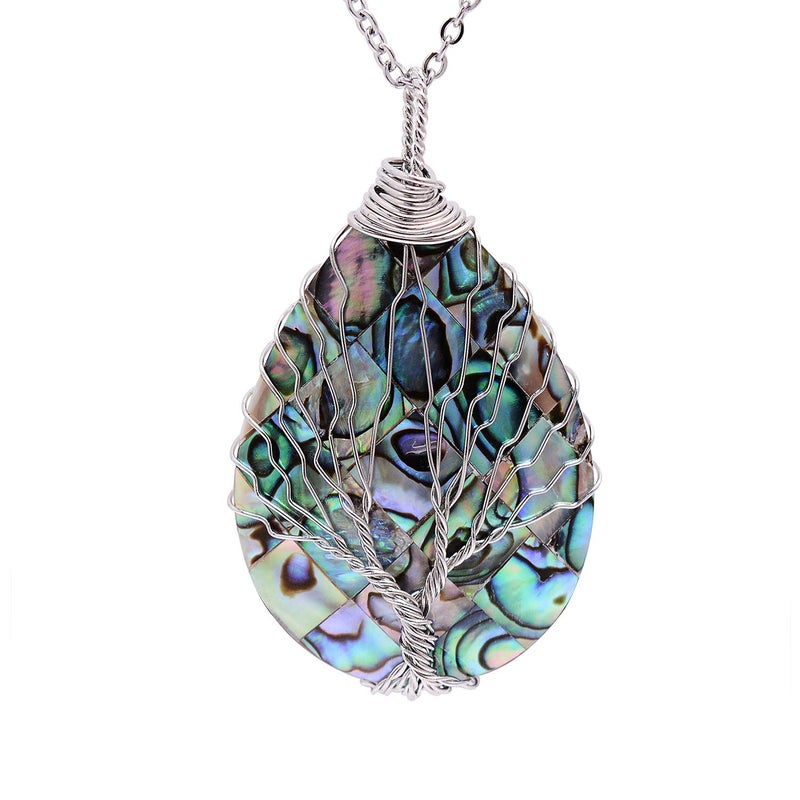 sedmart Wire Wrapped Abalone Teardrop Necklace - Handmade Silver Abalone Shell Water Drop Tree of Life Pendent Jewelry for Women - Image 1